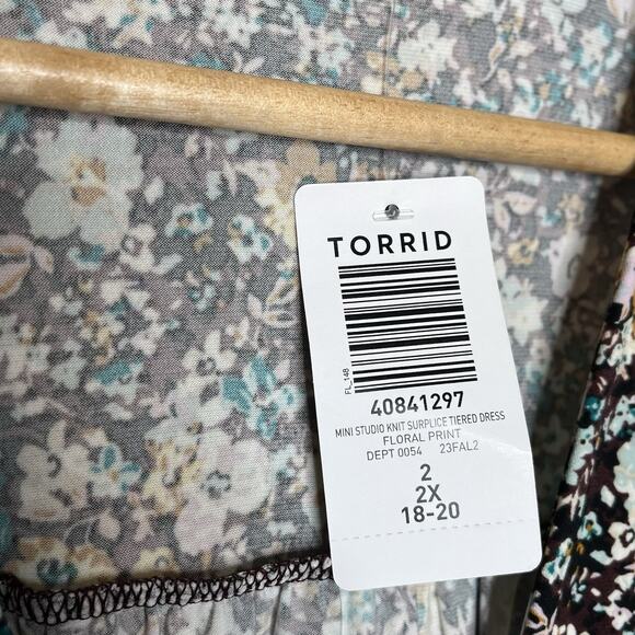 Torrid Floral Print Tiered Faux Wrap Dress Burgundy Womens 2X Wedding Guest Fall - Picture 5 of 10